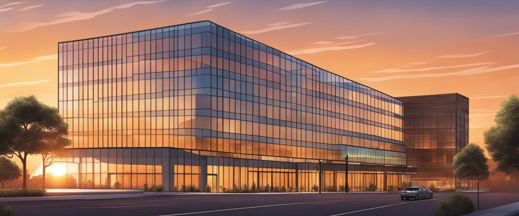 A modern office building at sunset, symbolizing innovation in leadership and management strategies.