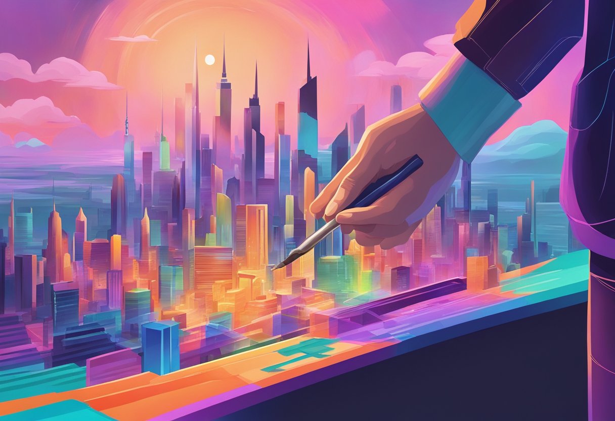 A pair of hands holding a paintbrush, creating a vibrant and futuristic cityscape on a blank canvas