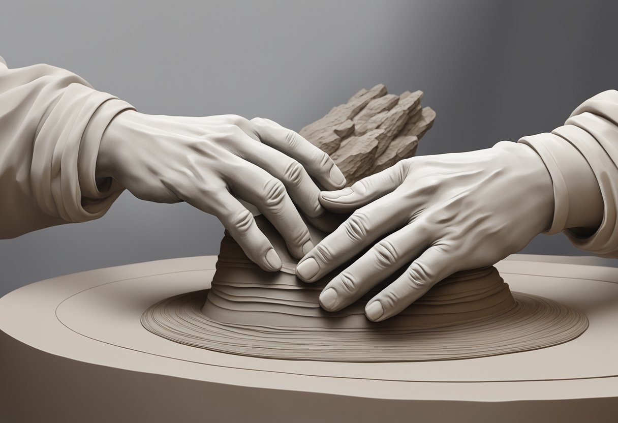 A pair of hands molding clay into a visionary sculpture